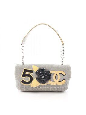 Chanel Shoulder Bag Choco Bar Camellia Gray Black Canvas Leather CC Logo
